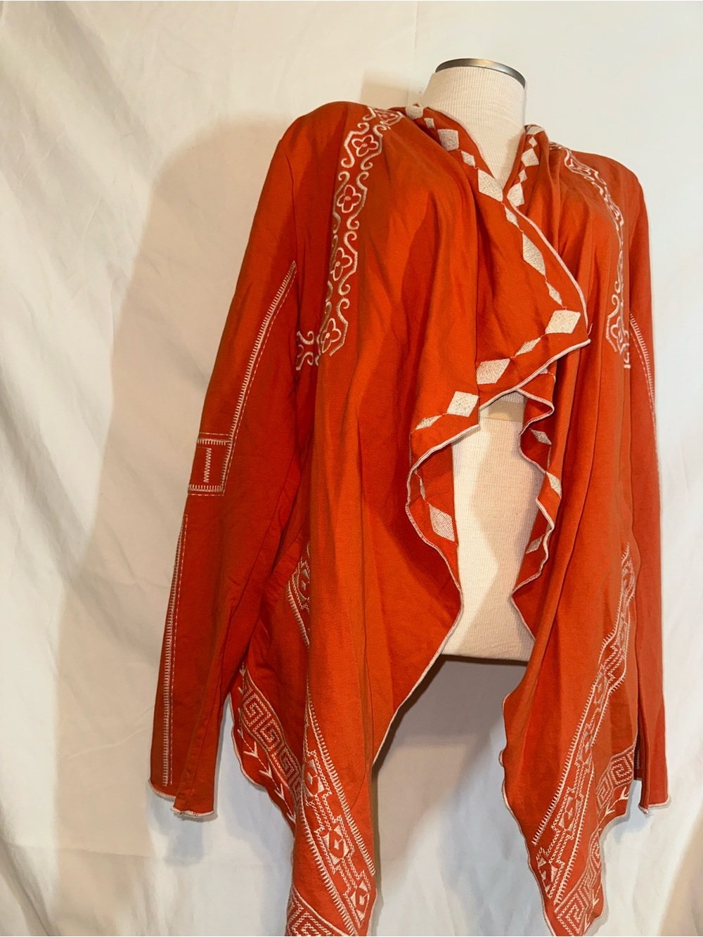 Monoreno Orange Embroidered Ruffle-Front Shrug